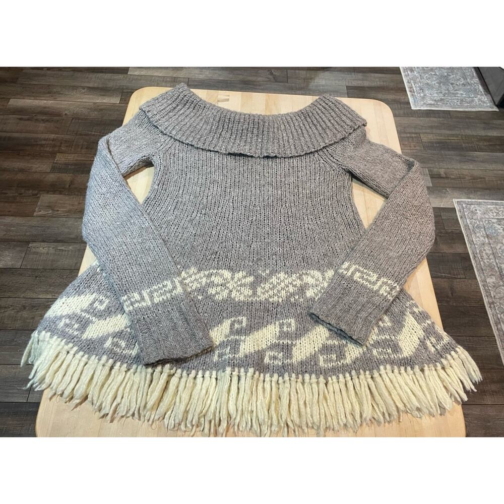 Free People Gray Tribal Trim Off Shoulder Wool Blend Fringe Bottom Cowl Sweater